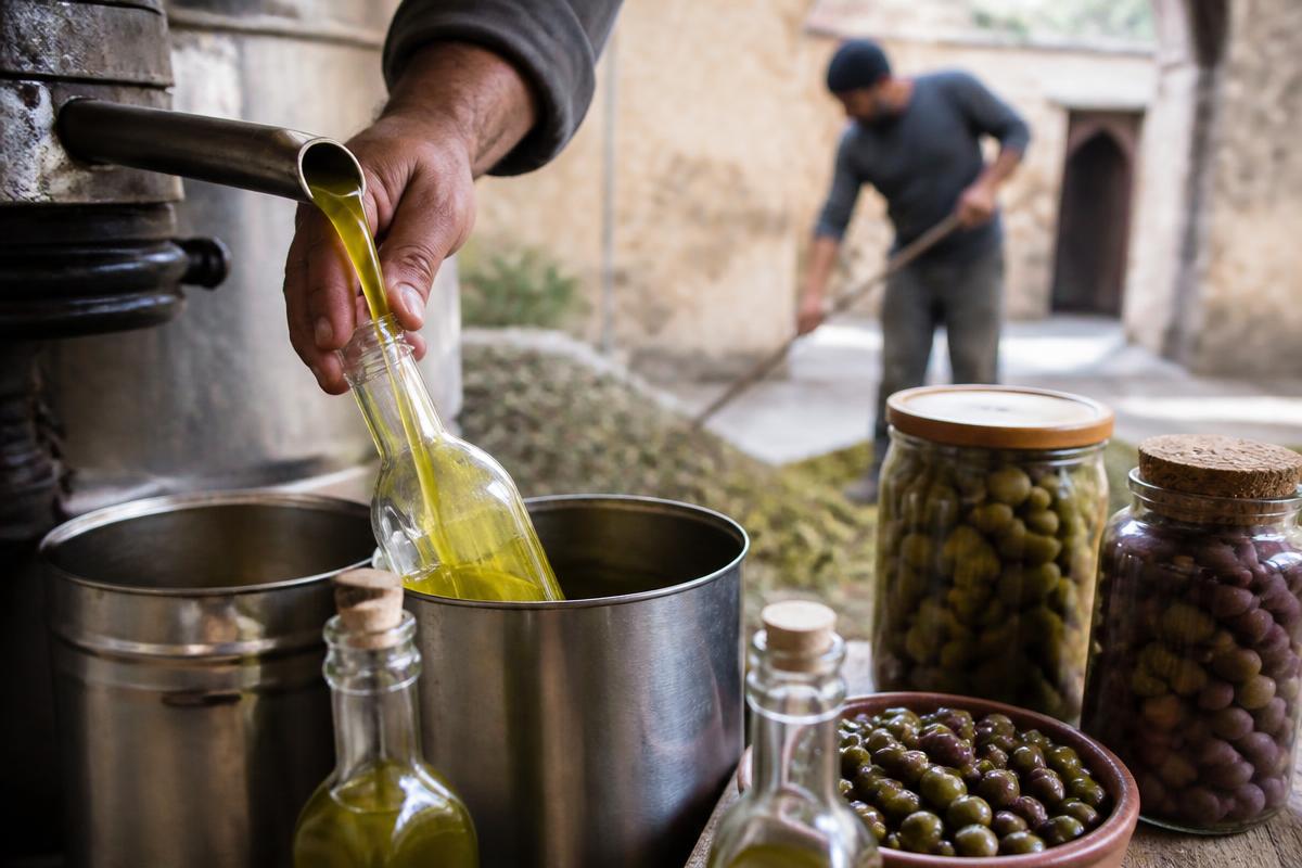 Freshly pressed olive oil being bottled beside jars of cured table olives
