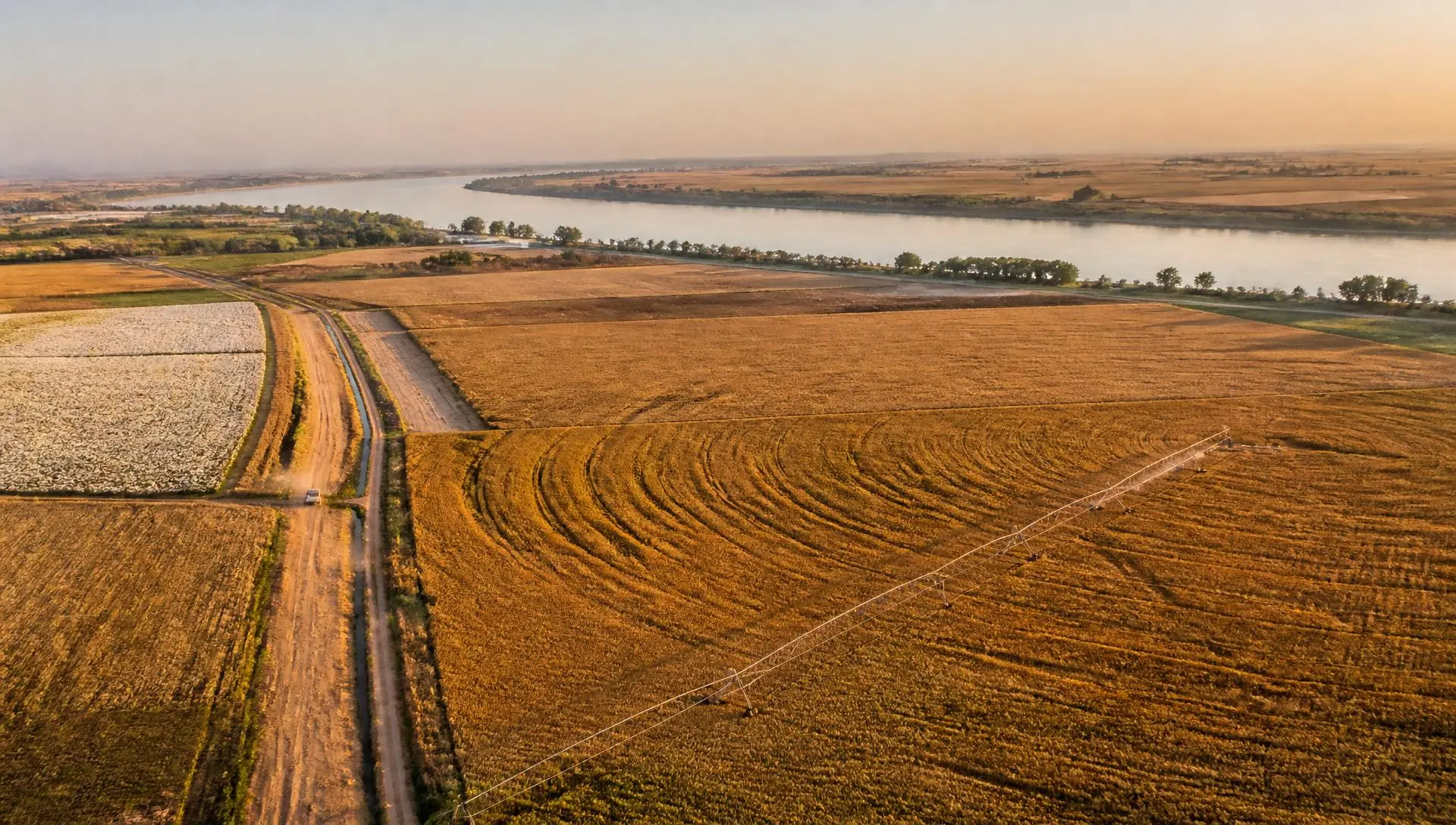 Irrigated fields along the Euphrates river plain in Raqqa, Syria