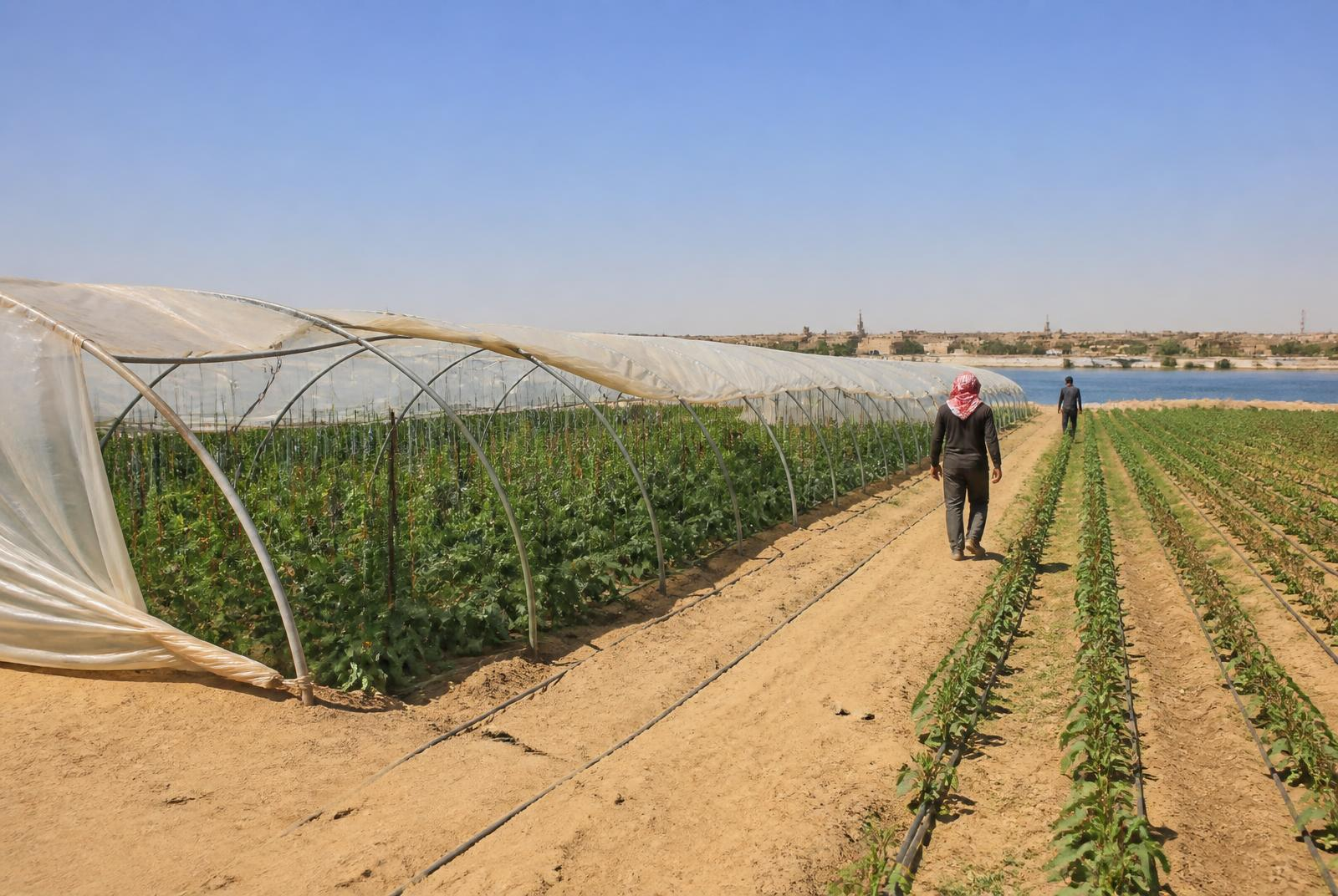 A farmer walking between crop rows on irrigated farmland near the Euphrates