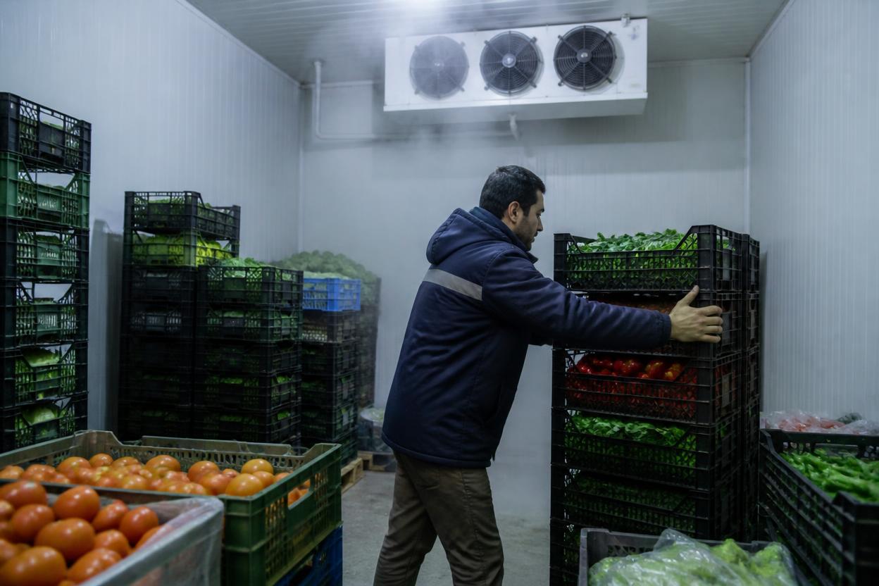 Fresh produce crates undergoing temperature-controlled handling in a cold room