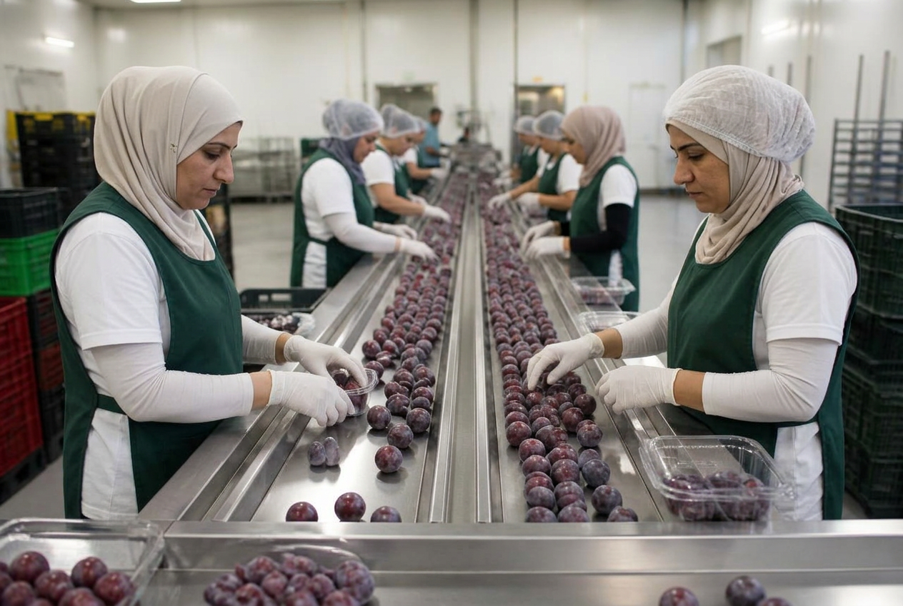 Workers sorting and grading agricultural produce by quality