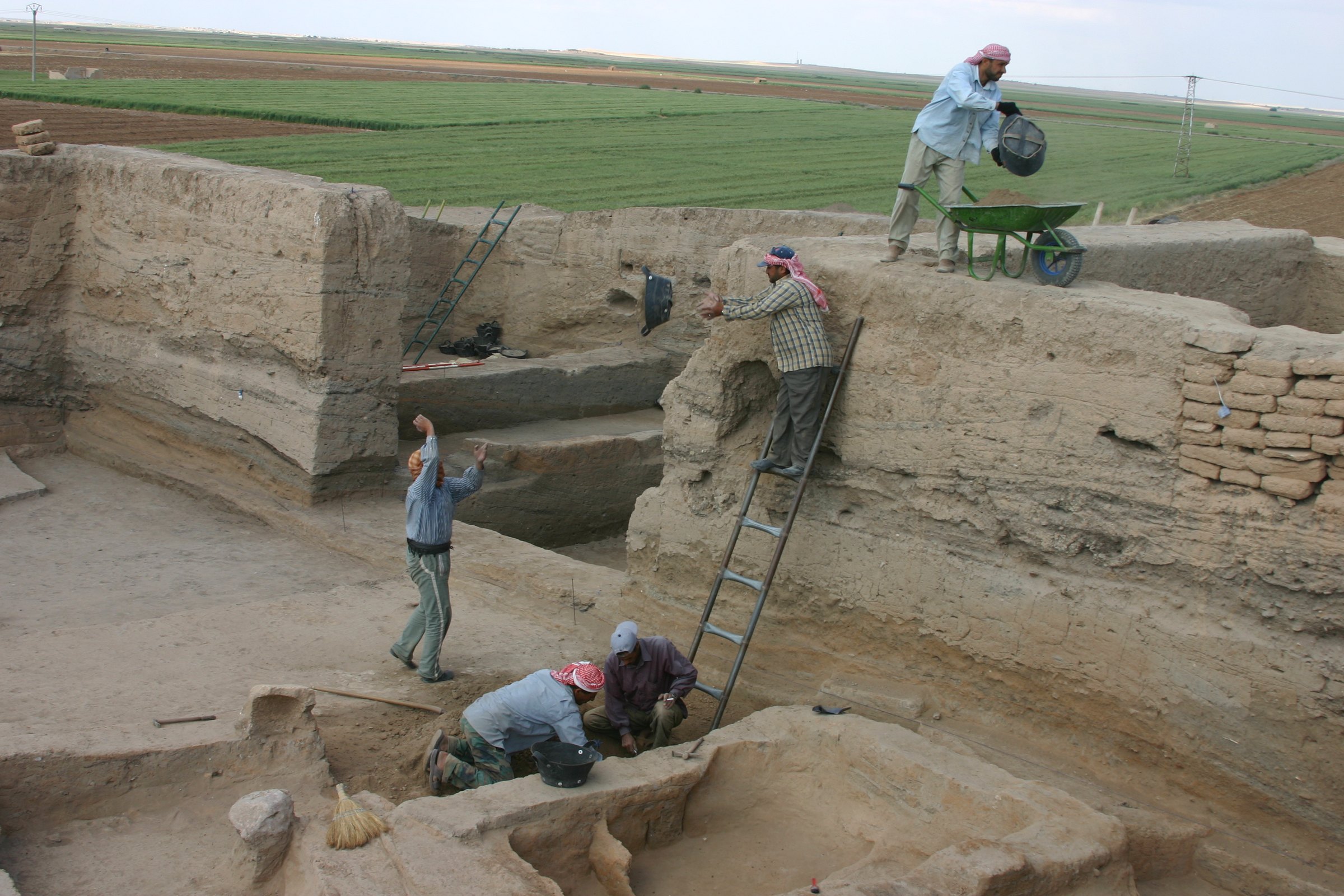 Archaeological excavations at Tell Sabi Abyad in the Balikh valley, Raqqa, with green farmland behind