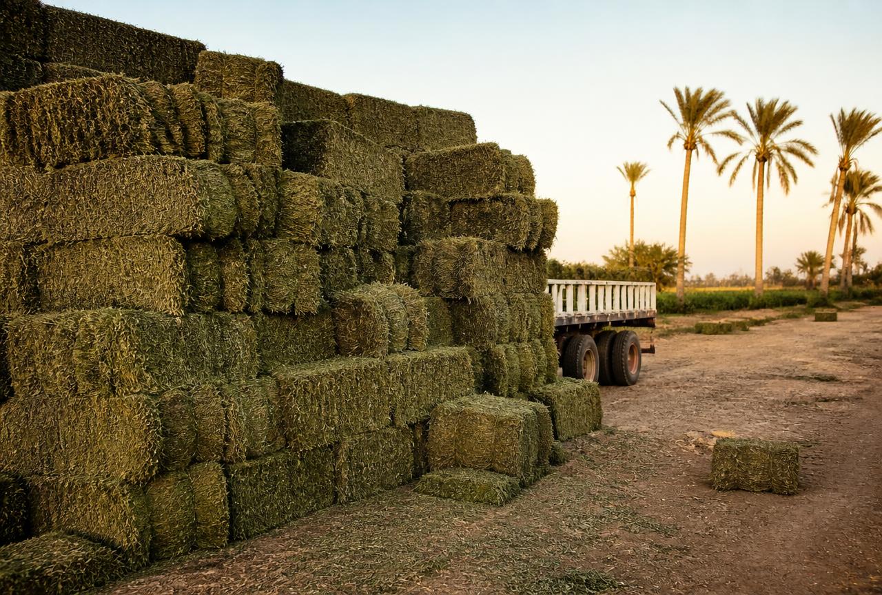 Stacked hay bales stored at a fodder yard