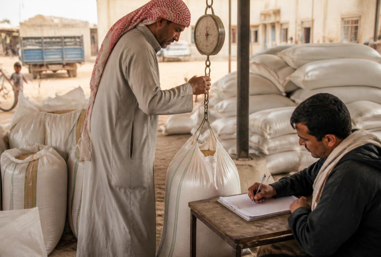 Worker handling animal feed sacks and grain at a feed store